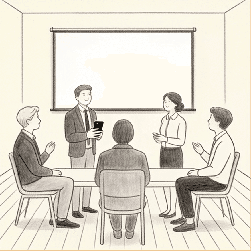 A line drawing of colleagues at a corporate event
