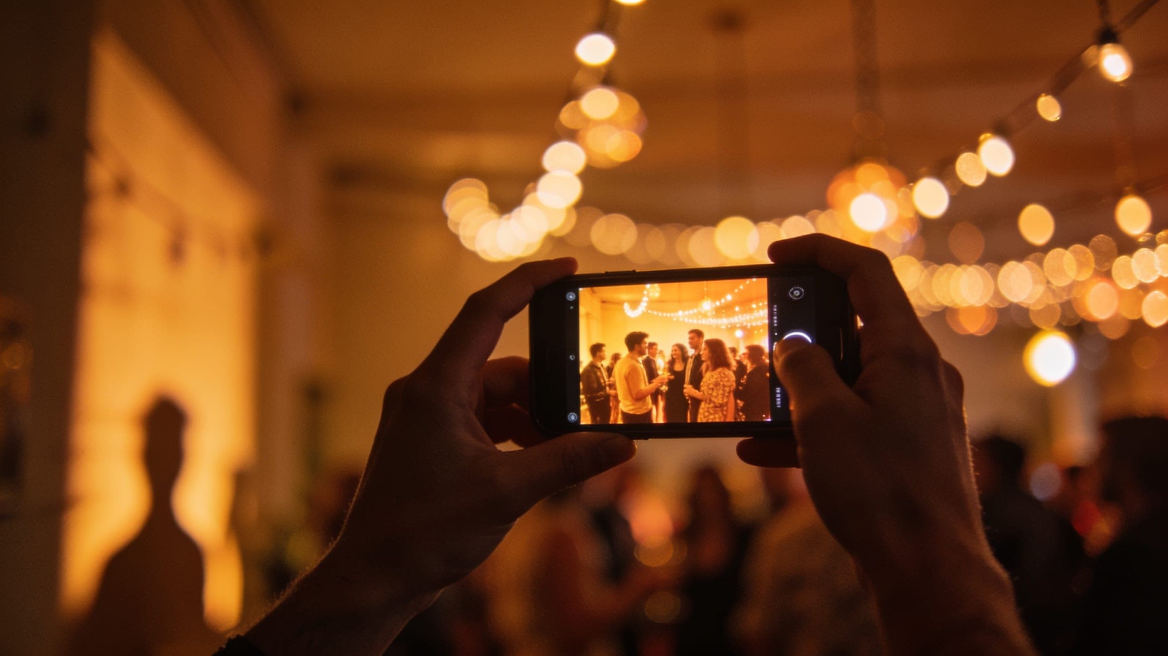 A phone held up at a party, its screen showing a photograph of a group of people together